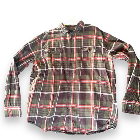 Long Sleeve Checkered Plaid Button Down Flannel Mens Large Green Red Lumberjack - Picture 12 of 16